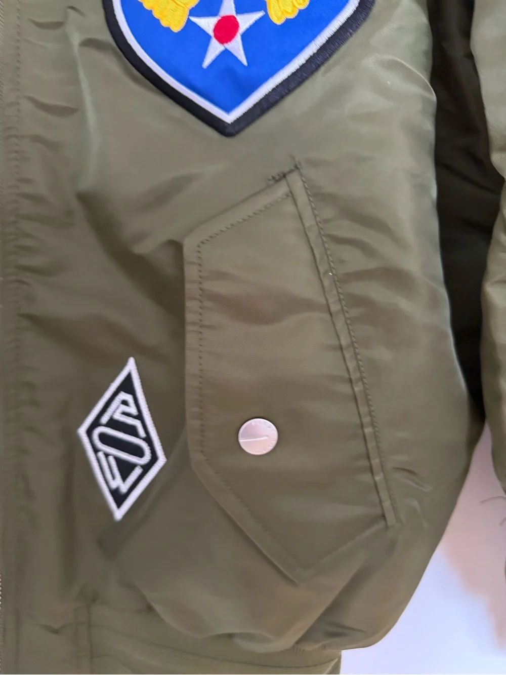 First Row Radical Olive Green Patch Bomber Jacket